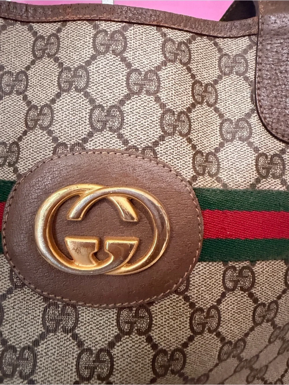 Gucci Brown GG Supreme Canvas Tote with Green-Red Stripe and Gold Hardware - Picture 3 of 16